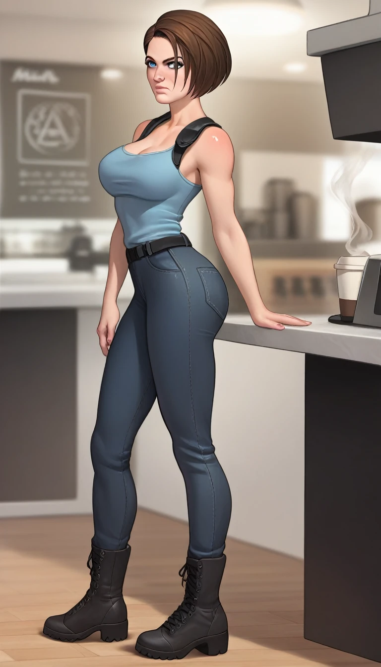 supporting the arm, brave, bold, bold spirit, determined look, high resolution, detailed, 8k, ultra sharp, masterpiece, detailed, 1female (JillValentineRE3:remake1.3) Jill Valentine, sleeveless shirt, pants, boots, game character (Corrects hands) (corrects anatomy) athletic, medium height, beautiful detailed eyes, very long eyelashes, layered bob haircut with side parting (smiling:0.6) natural environment, coffee shop