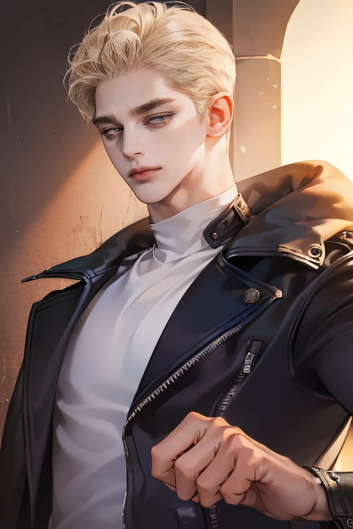 masterpiece, best quality, Super detailed, High Definition, HdR, realistic, depth, fine texture, super fine, Complete concentration, Pale man with blond hair and taper fade cut, looking over his shoulder, posing on the back, (perspective from his back) wearing a black jacket, formal black bag, wearing a fluffy black coat, fur coat. MALE MAN, attractive and athletic man. short platinum blonde hair, almost white, very pale skin, serious face.