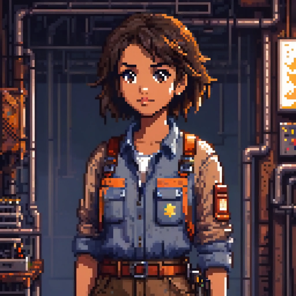 young woman,  with short, dark brown hair ,  brown skin,  with penetrating eyes full of determination. She wears worn-out work clothes ,  with a makeshift tool belt . pixelart style 8-bit ,  ambience and warm tones.
