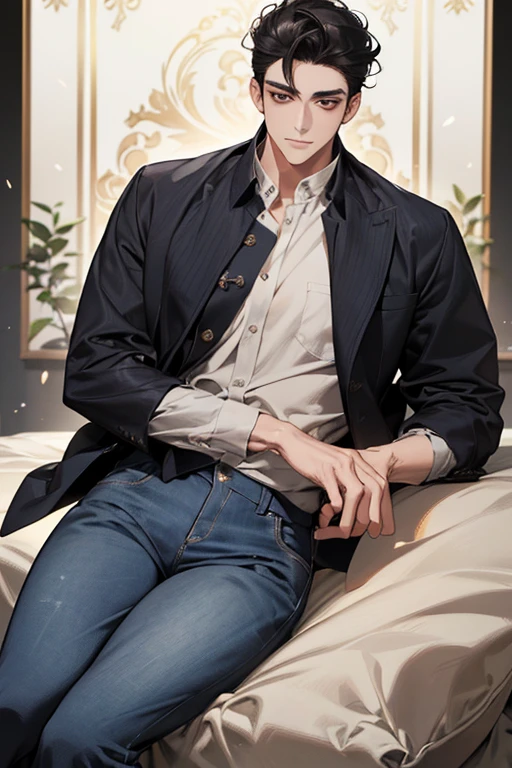 Highest quality、Ultra HD、Height 174cm、Slightly sturdy body type、Black hair with a few gray hairs、Regent style hairstyle。Narrow and gentle eyes、A calm and relaxed impression、Appearance appropriate for a 4、Wearing a casual shirt and jeans、