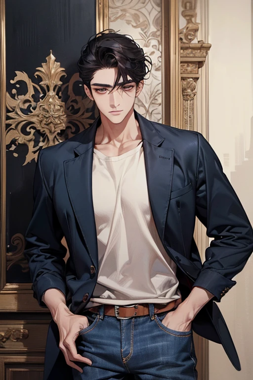 Highest quality、Ultra HD、Height 174cm、Slightly sturdy body type、Black hair with a few gray hairs、Regent style hairstyle。Narrow and gentle eyes、A calm and relaxed impression、Appearance appropriate for a 4、Wearing a casual shirt and jeans、