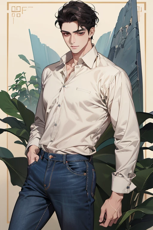 Highest quality、Ultra HD、Height 174cm、Slightly sturdy body type、Black hair with a few gray hairs、Regent style hairstyle。Narrow and gentle eyes、A calm and relaxed impression、Appearance appropriate for a 4、Wearing a casual shirt and jeans、