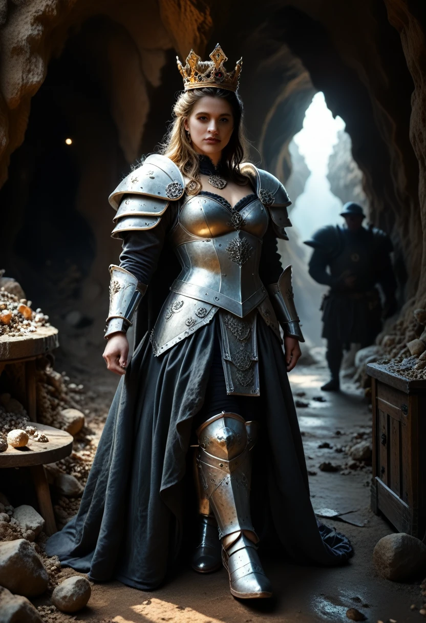 female, woman, beautiful face, wear armour:1.2,  full-length, examine wonderful golden crown:1.3, big statue, treasure, cave, medieval, (fantasy, illustration, dramatic light, digital Masterpiece, Extreme Detail, hyper realistic, RAW photo, dramatic light, film photography, photorealistic, absurd rec)