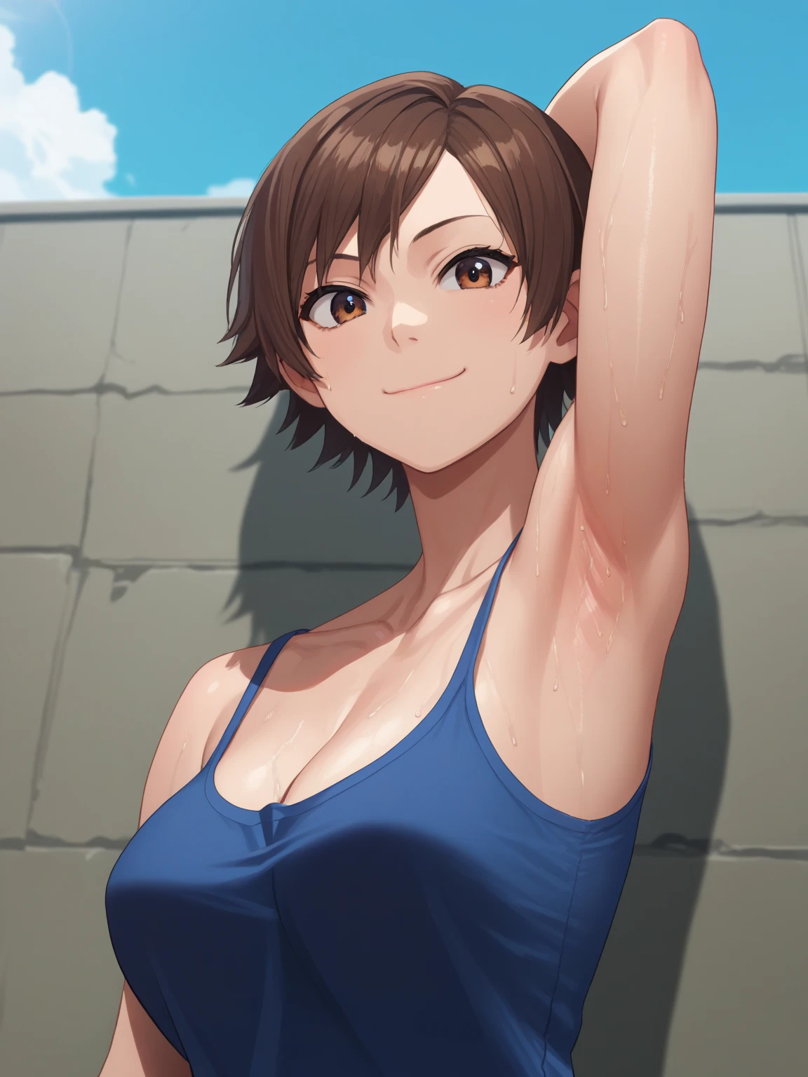 score_9, score_8_up, score_7_up, source_anime, anime screencap, 1girl, solo, Asuka kazama, short hair, brown hair, brown eyes, shirt, collarbone, blue shirt, large breasts, arm behind head, armpit, armpit focus, from side, (from below:1.1), looking at viewer, head towards viewer, smile, closed mouth, badhandv4, outdoors, day, sweaty