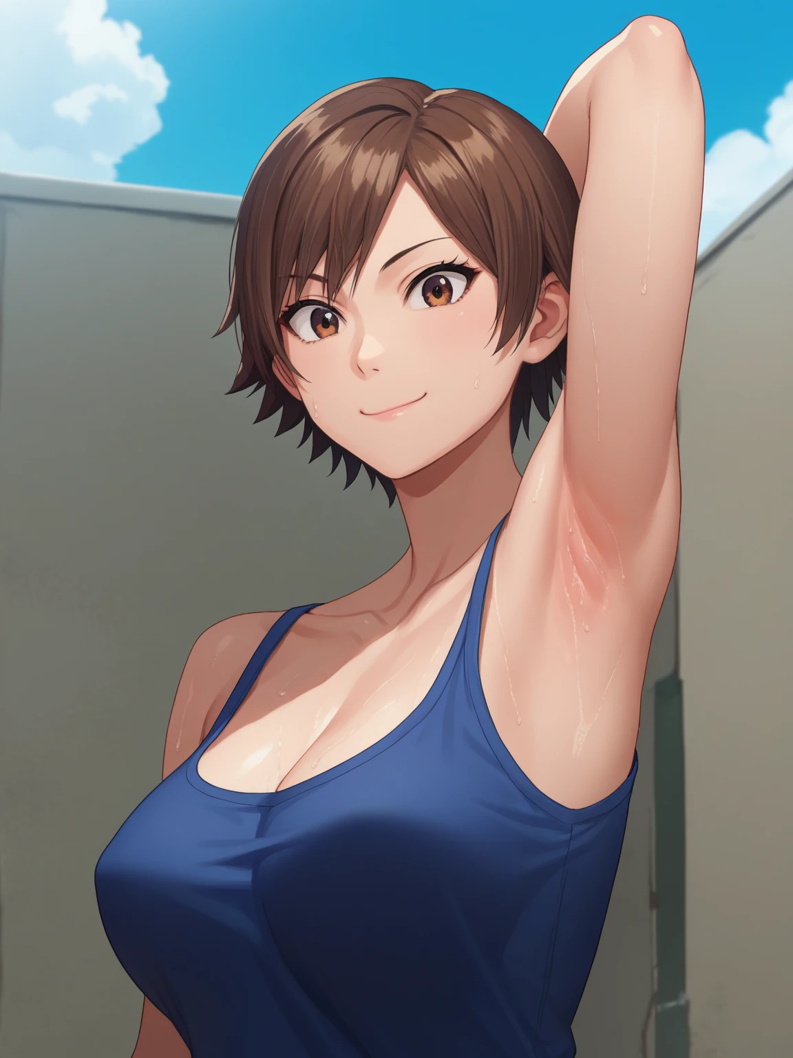 score_9, score_8_up, score_7_up, source_anime, anime screencap, 1girl, solo, Asuka kazama, short hair, brown hair, brown eyes, shirt, collarbone, blue shirt, large breasts, arm behind head, armpit, armpit focus, from side, (from below:1.1), looking at viewer, head towards viewer, smile, closed mouth, badhandv4, outdoors, day, sweaty