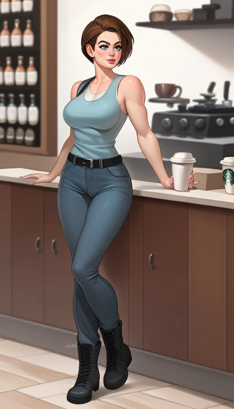 supporting the arm, brave, high resolution, detailed, 8k, ultra sharp, masterpiece, detailed, 1female (JillValentineRE3:remake1.3) Jill Valentine, sleeveless shirt, pants, boots, game character (Corrects hands) (corrects anatomy) athletic, medium height, beautiful detailed eyes, very long eyelashes, layered bob haircut with side parting (happy0.6) natural environment, coffee shop