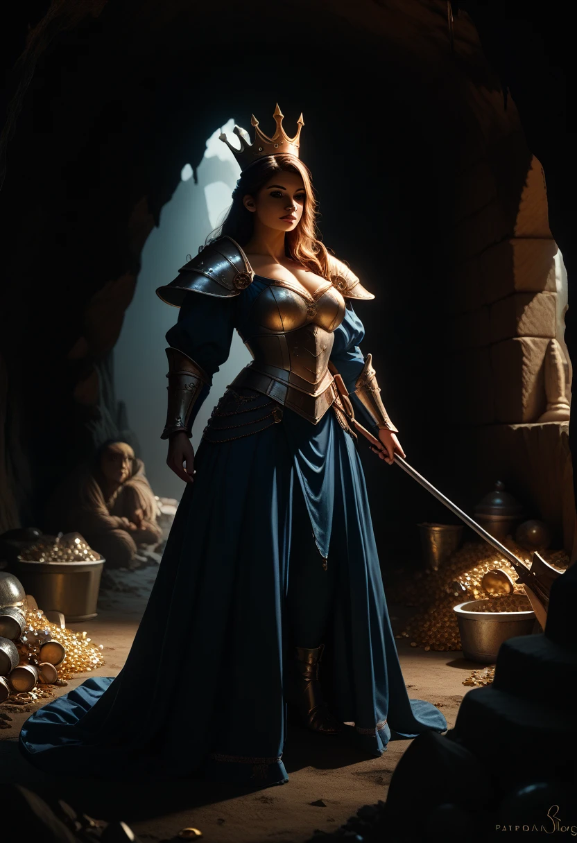 female, woman, beautiful face, wear armour:1.2,  full-length, holds wonderful golden crown:1.3, big statue, treasure, cave, medieval, (fantasy, illustration, dramatic light, digital Masterpiece, Extreme Detail, hyper realistic, RAW photo, dramatic light, film photography, photorealistic, absurd rec)