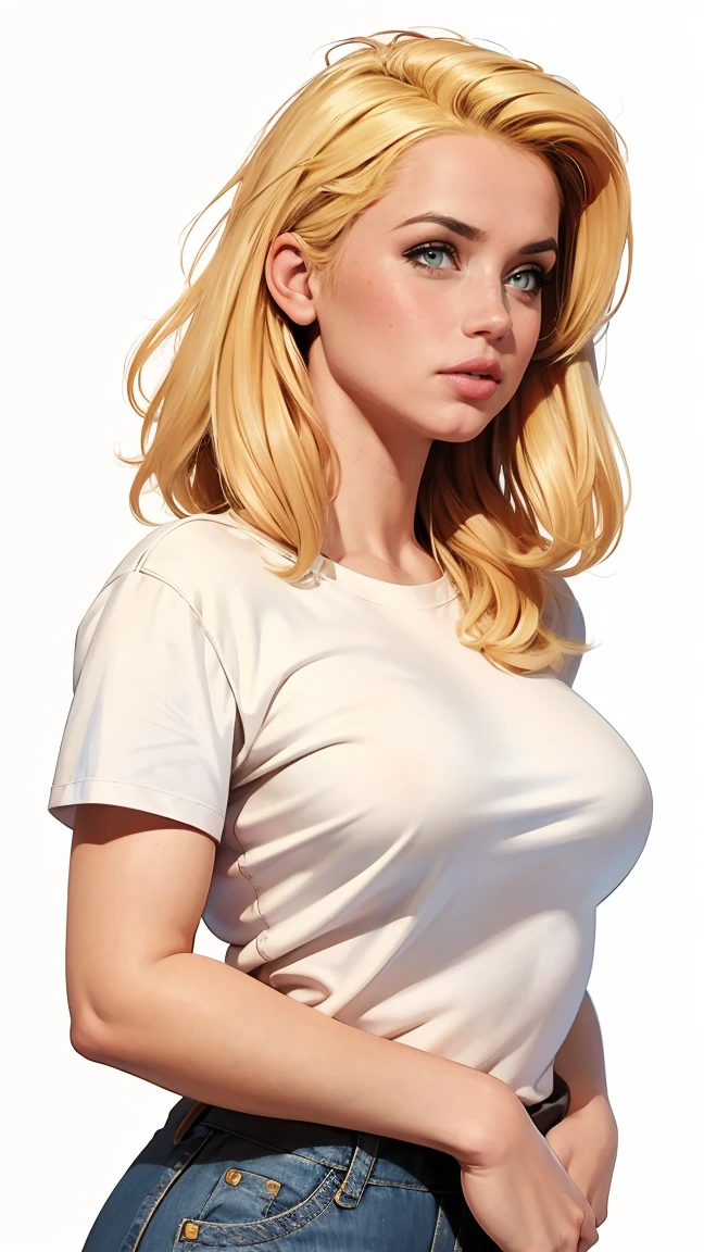 Alluring girl, oversized tshirt, jeans, small breast, blonde hair, messy blonde hair, cinematic lighting, digital painting, illustration, (masterpiece, best quality:1.2), (simple white background:1.5), ((line art:1.2)), comic retro style