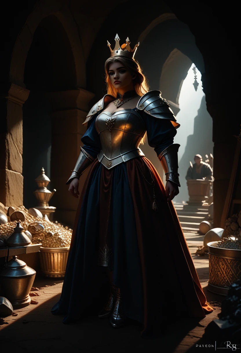 female, woman, beautiful face, wear armour:1.2,  full-length, keep in hand a wonderful golden crown:1.3, big statue, treasure, cave, medieval, (fantasy, illustration, dramatic light, digital Masterpiece, Extreme Detail, hyper realistic, RAW photo, dramatic light, film photography, photorealistic, absurd rec)