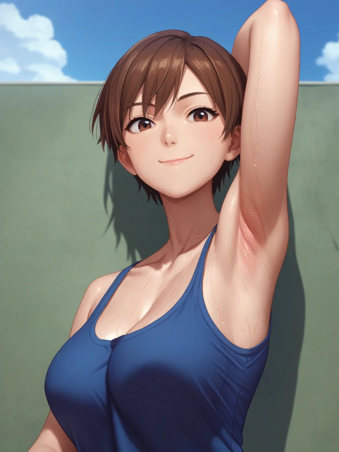 score_9, score_8_up, score_7_up, source_anime, anime screencap, 1girl, solo, Asuka kazama, short hair, brown hair, brown eyes, shirt, collarbone, blue shirt, large breasts, arm behind head, armpit, armpit focus, from side, (from below:1.1), looking at viewer, head towards viewer, smile, closed mouth, badhandv4, outdoors, day, sweaty