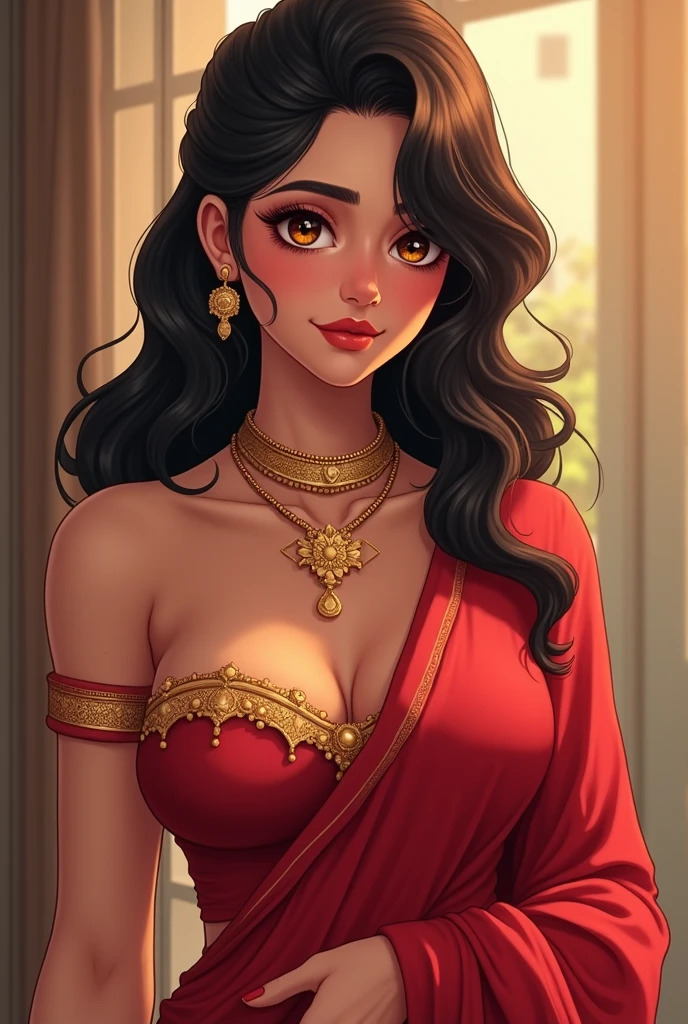 a close up of a bangladeshi actress nusrat faria in a red dress with a necklace and earrings, stunning elegant pose, olivia culpo as milady de winter,bangladeshi super model, very seductive pose, posing elegantly over the camera, traditional beauty, jaw-dropping beauty, beautiful pose, indian style, photo of a hand jewellery model, red jewelry, photoshoot keep original face of this image