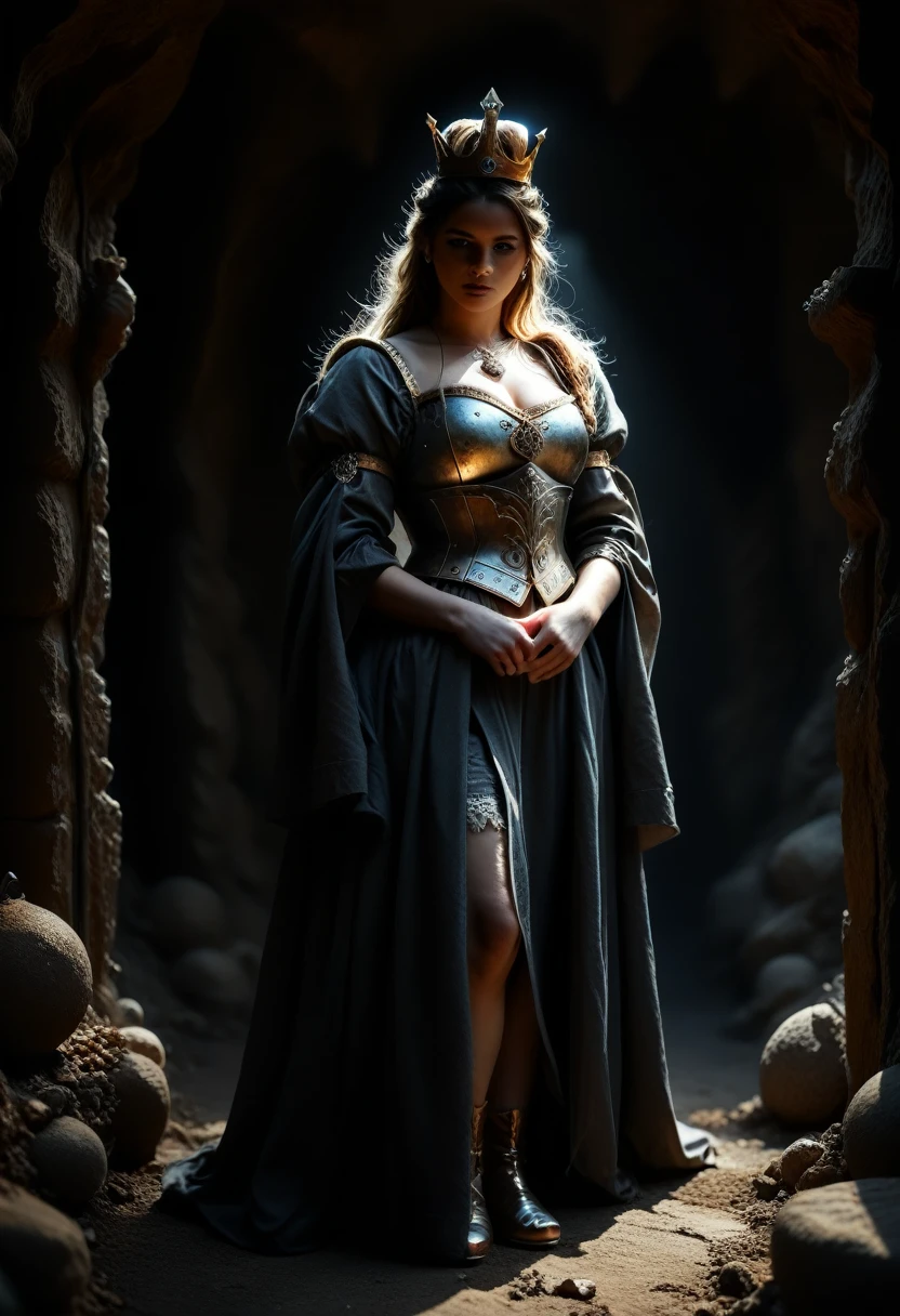 female, woman, beautiful face, wear armour:1.2,  full-length, keep in hand a wonderful golden crown:1.3, big statue, treasure, cave, medieval, (fantasy, illustration, dramatic light, digital Masterpiece, Extreme Detail, hyper realistic, RAW photo, dramatic light, film photography, photorealistic, absurd rec)