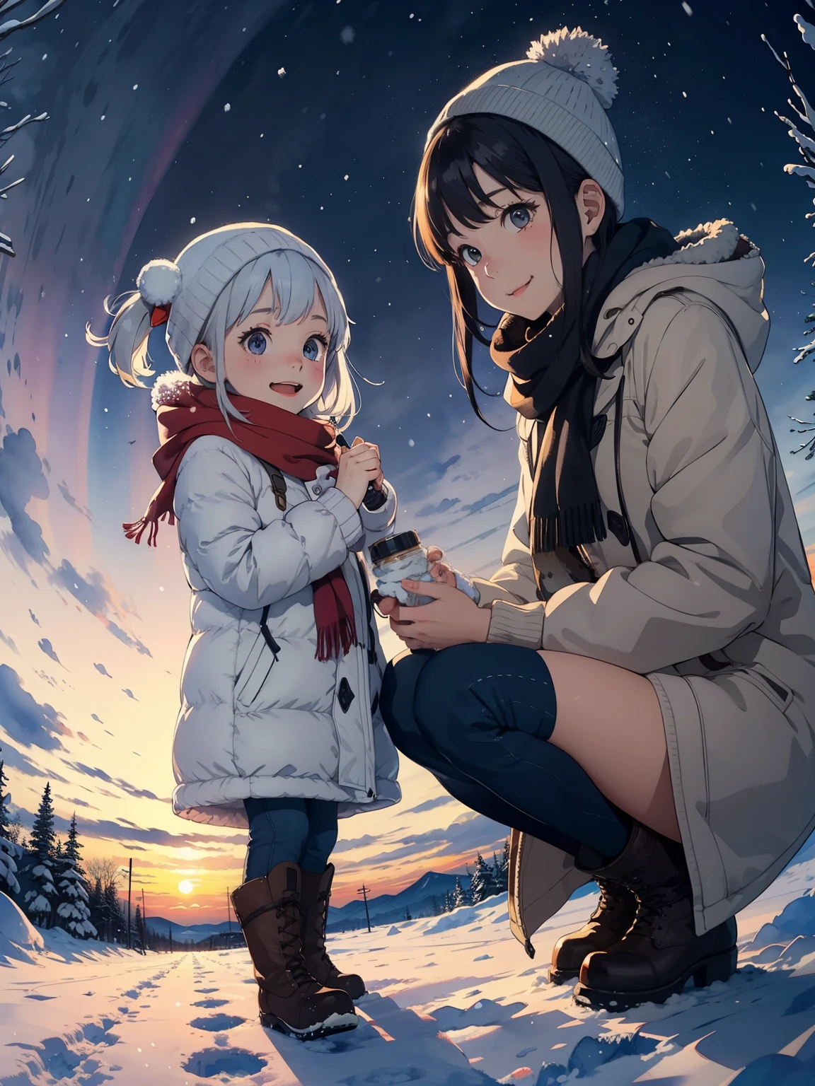 masterpiece， best quality，High image quality，( super flat， Flat Shading )， fisheye lens，Beautiful petite trained young mother and her very cute little trained daughter:1.25，  warm scarf，(naked)，Long Hair，  boots，smile, smile，White Breath:1.2，fun, play, winter, snow, 新snow，At dusk， beautiful sunset ， Aurora，Wide angle,     bright color , watercolor, Ghibli Style，Strong winds，    girl&#39;Lure，