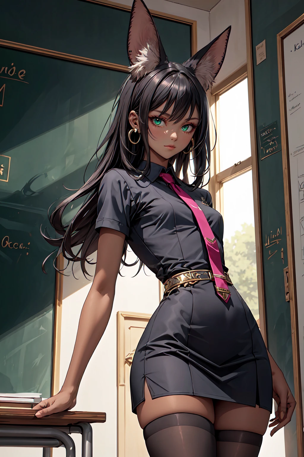 masterpiece, ( A beautiful and aesthetic ), concept art,  close-up , centered, Shot from below ,  dynamic , Kalitina , (jackal ears,  dark skin :1.4),  long dark hair ,  emerald green eyes ,  standing in front of the blackboard ,  teacher business suit ,   short tight skirt , tights, Class, bright color,  surround lighting ,  epic composition , ( perfectly detailed face ), ( well-detailed arm ),  epic scales , HD, Kalitina 