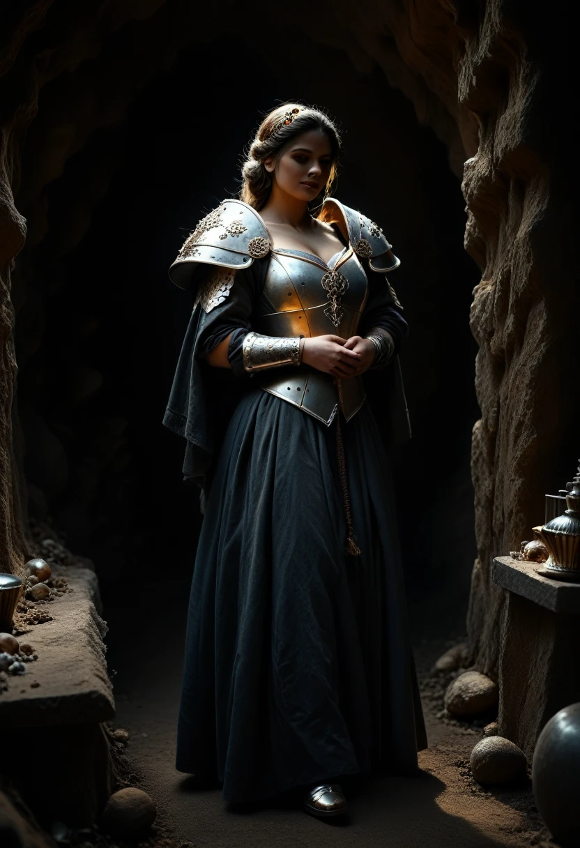 female, woman, beautiful face, wear armour:1.2,  full-length, holds in hand a wonderful golden crown:1.3, big statue, treasure, cave, medieval, (fantasy, illustration, dramatic light, digital Masterpiece, Extreme Detail, hyper realistic, RAW photo, dramatic light, film photography, photorealistic, absurd rec)