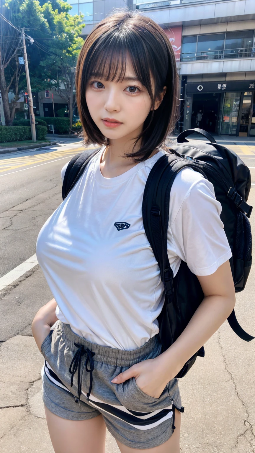 muste piece, best quality, illustration, Super detailed, fine details, High resolution, 8K,wall paper, perfect dynamic composition,(Details High quality, realistic depiction of eyes:1.3), oversized sport shirt, shorts women, small backpack, short bob hair, black hair color, Big Natural Color Lip, sexy pose, crying a little、cold gaze, Harajuku style、20 year old girl、cute type、lolita, hposing Gravure Idol, full body photo、focus on crotch, huge breasts