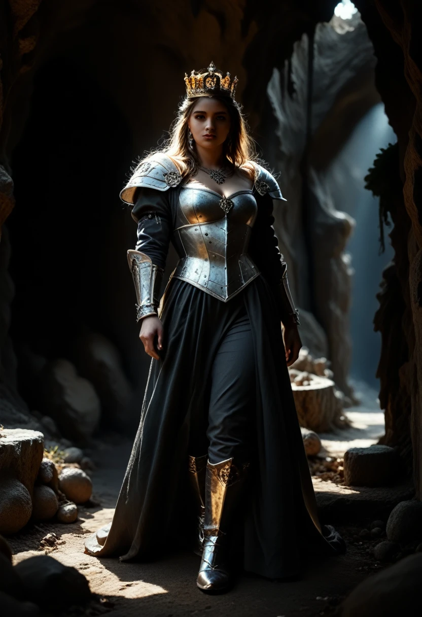 female, woman, beautiful face, wear armour:1.2,  full-length, holding golden crown:1.3, big statue, treasure, cave, medieval, (fantasy, illustration, dramatic light, digital Masterpiece, Extreme Detail, hyper realistic, RAW photo, dramatic light, film photography, photorealistic, absurd rec)