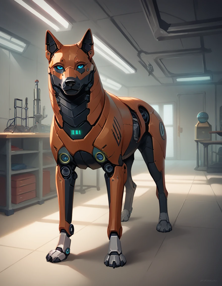 masterpiece, highest quality, 16k, high quality, 8k quality, ultra realistic, realistic, digital art, robot wolf, Ross Tran,ruan jia, uploaded to e621, zaush, foxovh, highres, digital painting, feral big machine dog, solo, robot, android, living machine, quadruped, full body, blue eyes, white panelling, mechanic inspection, workshop interior, sci fi, looking at viewer, blue and dark body, silver detailing, green lights, presenting,