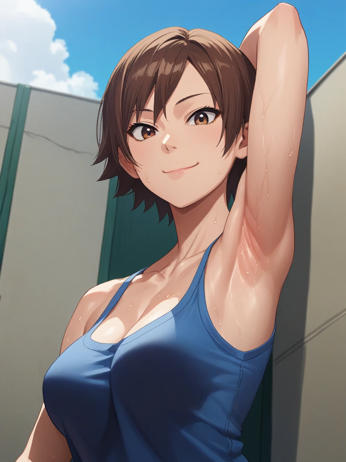 score_9, score_8_up, score_7_up, source_anime, anime screencap, 1girl, solo, Asuka kazama, short hair, brown hair, brown eyes, shirt, collarbone, blue shirt, blue jacket, blue arm sleeves,large breasts, arm behind head, armpit, armpit focus, from side, (from below:1.1), looking at viewer, head towards viewer, smile, closed mouth, badhandv4, outdoors, day, sweaty