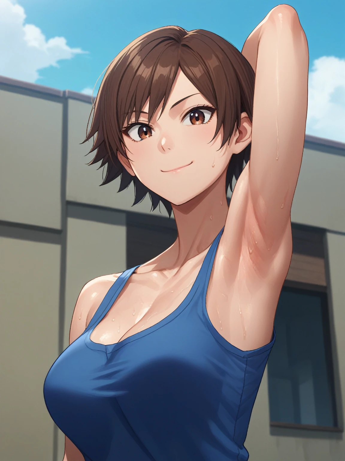 score_9, score_8_up, score_7_up, source_anime, anime screencap, 1girl, solo, Asuka kazama, short hair, brown hair, brown eyes, shirt, collarbone, blue shirt, blue jacket, blue arm sleeves,large breasts, arm behind head, armpit, armpit focus, from side, (from below:1.1), looking at viewer, head towards viewer, smile, closed mouth, badhandv4, outdoors, day, sweaty