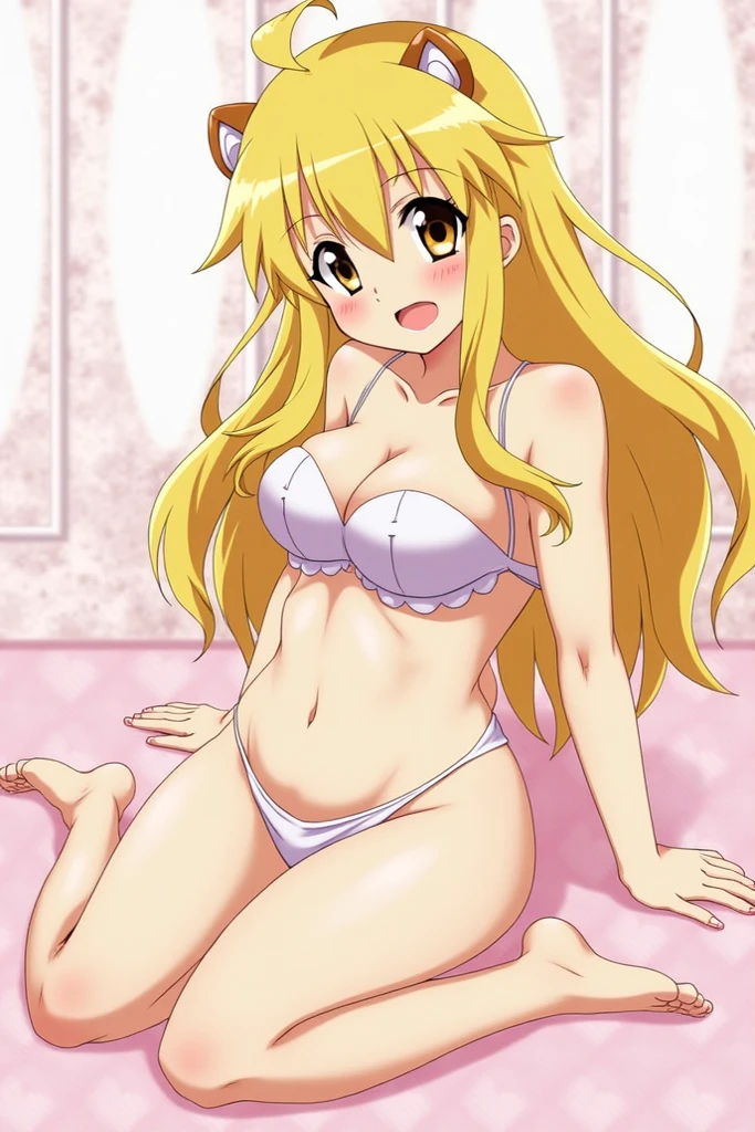 solo, 1girl, akizuki airi, blue eyes, blonde_hair, twintails, very_long_hair, she is wearing it in her hair_ornament red, hair_scrunchie red, medium_breasts, Bikini, pink bikini, full body, She is lying in bed alone, full body view, she is wearing a pink bikini, her nipples are slightly visible, dakimakura, ranking: explicit,