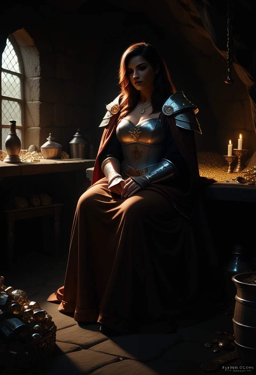 female, woman, beautiful face, wear armour:1.2,  full-length, sitting, holding statuette:1.3, treasure, cave, medieval, (fantasy, illustration, dramatic light, digital Masterpiece, Extreme Detail, hyper realistic, RAW photo, dramatic light, film photography, photorealistic, absurd rec)