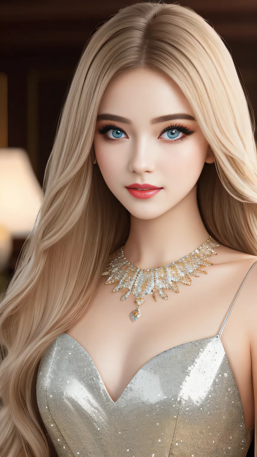 Super premium graphics，8K HD CG works，high quality graphics，High-definition and exquisite CG works，Ultra-fine details：1.1，Realistic photo effects，Interior lighting effects：1.5，natural soft light：1.5,（Virtual light effects：1.8），shining dress，sliver long hair，transparenthair，（Quality hair details：1.1）,Clear eyes，Double eyelids look good，Sharp eye makeup, Create exquisite eyelash makeup, thin eyebrows, Ultra-detailed eyes，a tall nose, lovely red lips, rosey cheeks, With delicate makeup on her face , pretty face, The face shape is perfectly proportioned,（Advanced facial details：1.1）,a girl, happy, setailed eyes, glossy lips, crystal dress, reflecting lights on crystals, spreading lights, attractive pose, whole body capture, Women's artwork，Realism，Looking at Camera