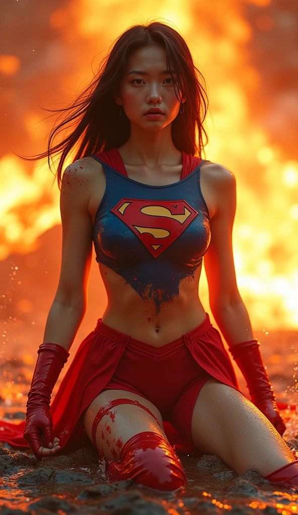 Female Spider-Man Dodging Explosions: The female Spider-Man leaps gracefully through the air, avoiding a series of explosions behind her. Her suit clings to her athletic form as she twists in a somersault, her agility and speed evident in every motion. The fiery backdrop adds intensity to the scene, showcasing her quick reflexes and battle readiness. (having beautiful breasts: 1.33), (no having clothes: 1.77).
