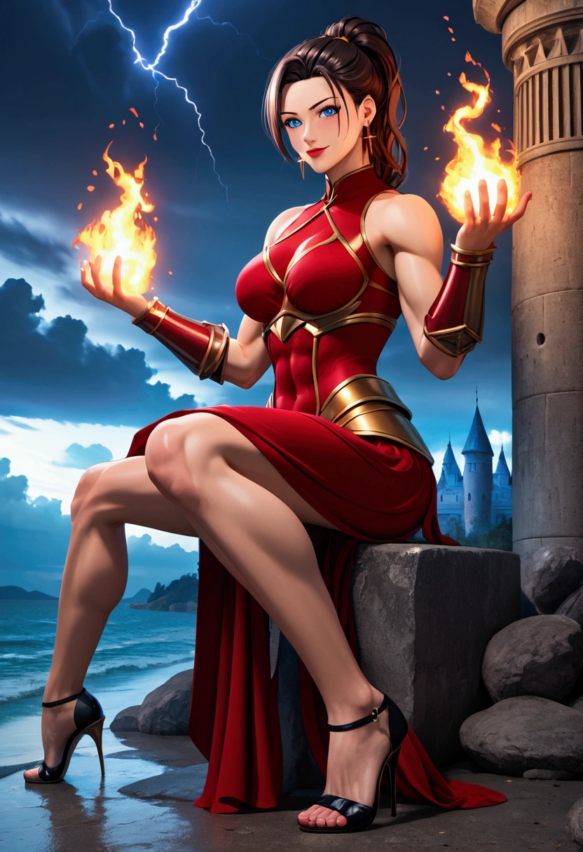 red hair girl, eighteen years old, sexy, cute, blushing, low rise low waist narrow slit open red short torn very small microskirt, with golden border, no panty, red hood with golden border, hips free, midriff, very deep neckline, big bust, strapless short mesh black bra, big boobs, fullbody, with a ball of fire in right hand