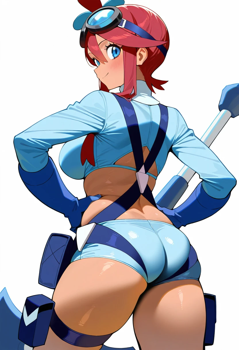 girl in spandex booty shorts, wearing oven mittens tucked in pockets, blindfold