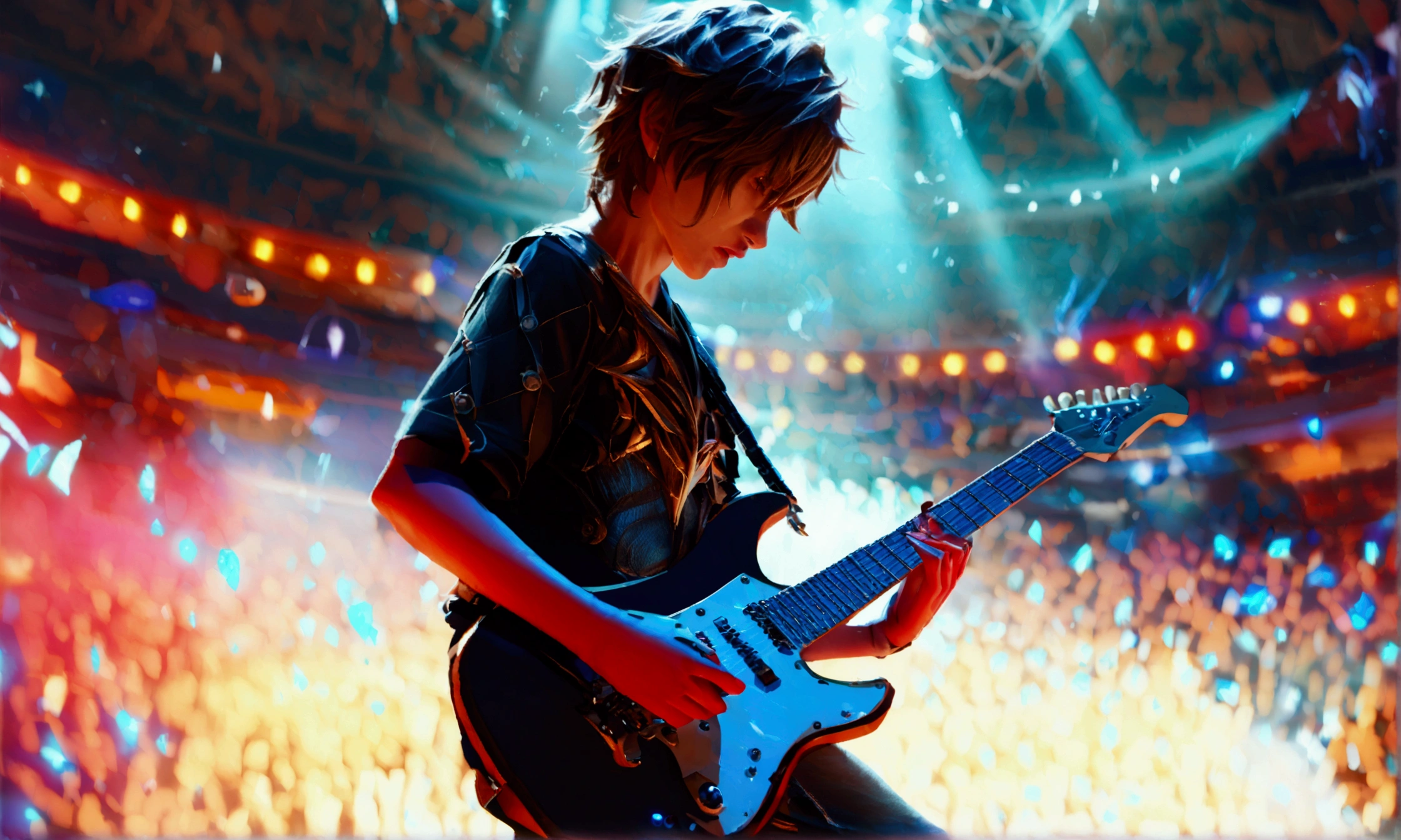 a young man named aether playing electric guitar on stage in a heavy metal band, concert at the fontaine opera, extremely detailed, cinematic lighting, dramatic fog effects, epic heavy metal performance, detailed stage, large crowd cheering, dynamic camera angles, realistic 3D rendering, dramatic shadows, intense colors, glowing lights, high energy