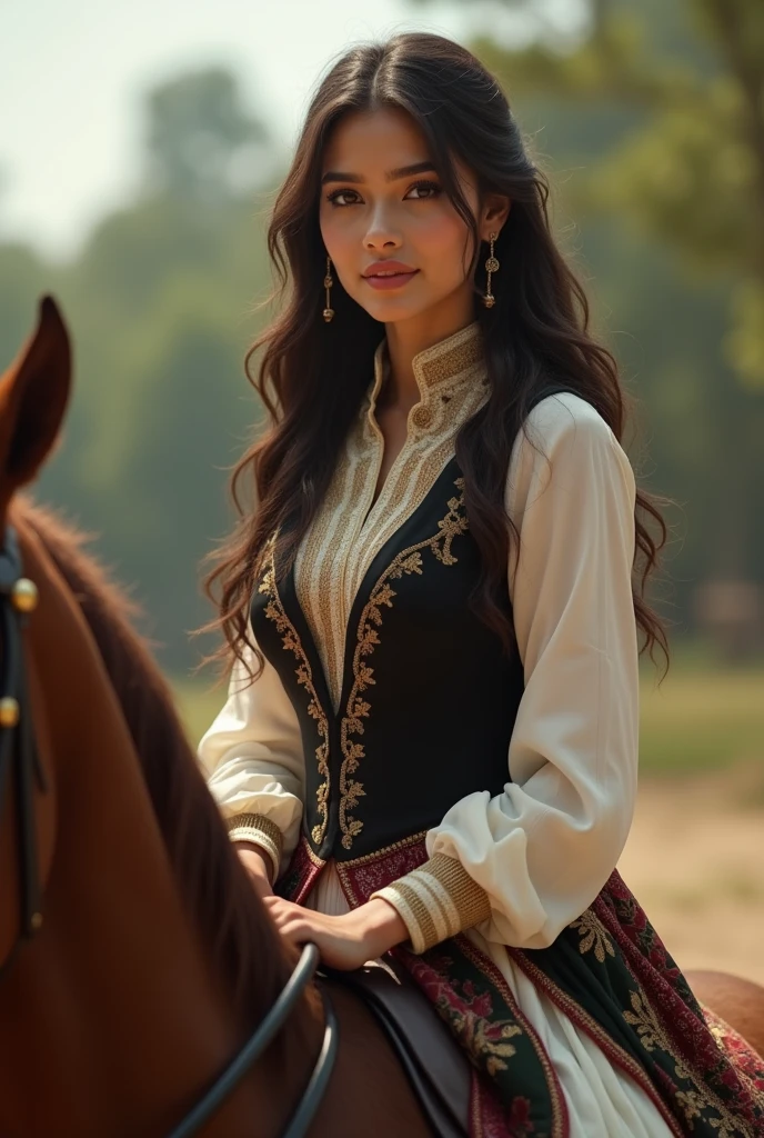 a beautiful woman, perfect figure, narrow waist, long chestnut hair, beautiful detailed eyes, long eyelashes, lustrous detailed lips, beautiful skin, beautiful smile, fashion model, attractive ornate clothing, cinematic scene, medieval European nobility, riding a horse, (best quality,4k,8k,highres,masterpiece:1.2),ultra-detailed,(realistic,photorealistic,photo-realistic:1.37)