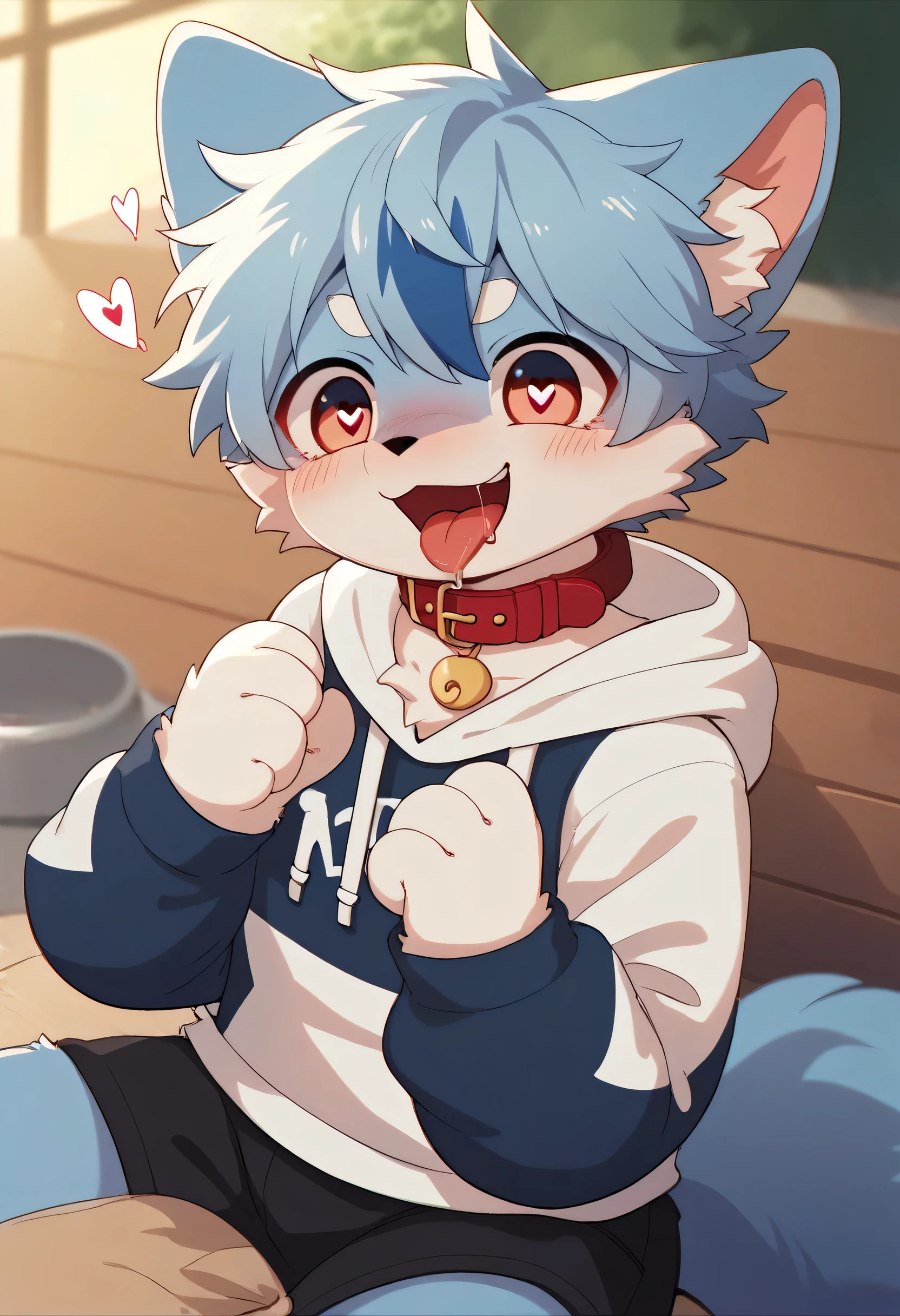  very detailed, very detailed,Dark blue hair white hair ,age 15,female,Heart Eyes,participate,Red collar, cute face, fluffy fur with a large shield,Horny boy ,stroll,Droopy ears,Red collarと紐を繋ぐ, blush nose ,, laughs,Master, tongue,Stroll with my favorite Master,disappointed,sit,excited,Estrus season,excited,Fur Boy, drool , drool , black shorts , sweatshirt , Long Sleeve ,Light blue trendy ,