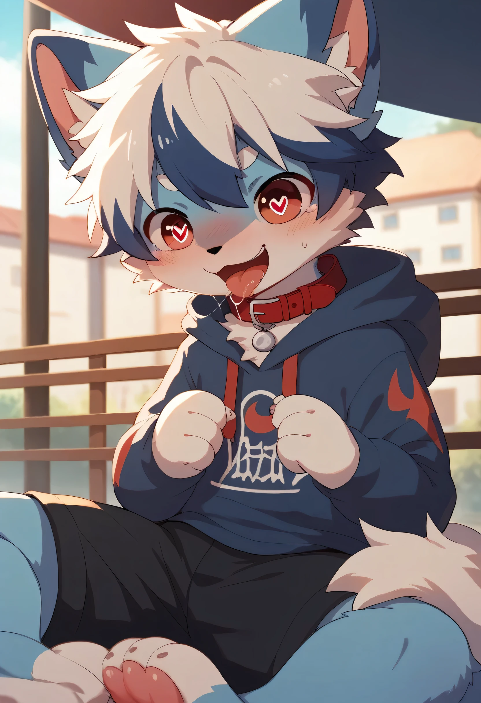  very detailed, very detailed,Dark blue hair white hair ,age 15,female,Heart Eyes,participate,Red collar, cute face, fluffy fur with a large shield,Horny boy ,stroll,Droopy ears,Red collarと紐を繋ぐ, blush nose ,, laughs,Master, tongue,Stroll with my favorite Master,disappointed,sit,excited,Estrus season,excited,Fur Boy, drool , drool , black shorts , sweatshirt , Long Sleeve ,Light blue trendy ,