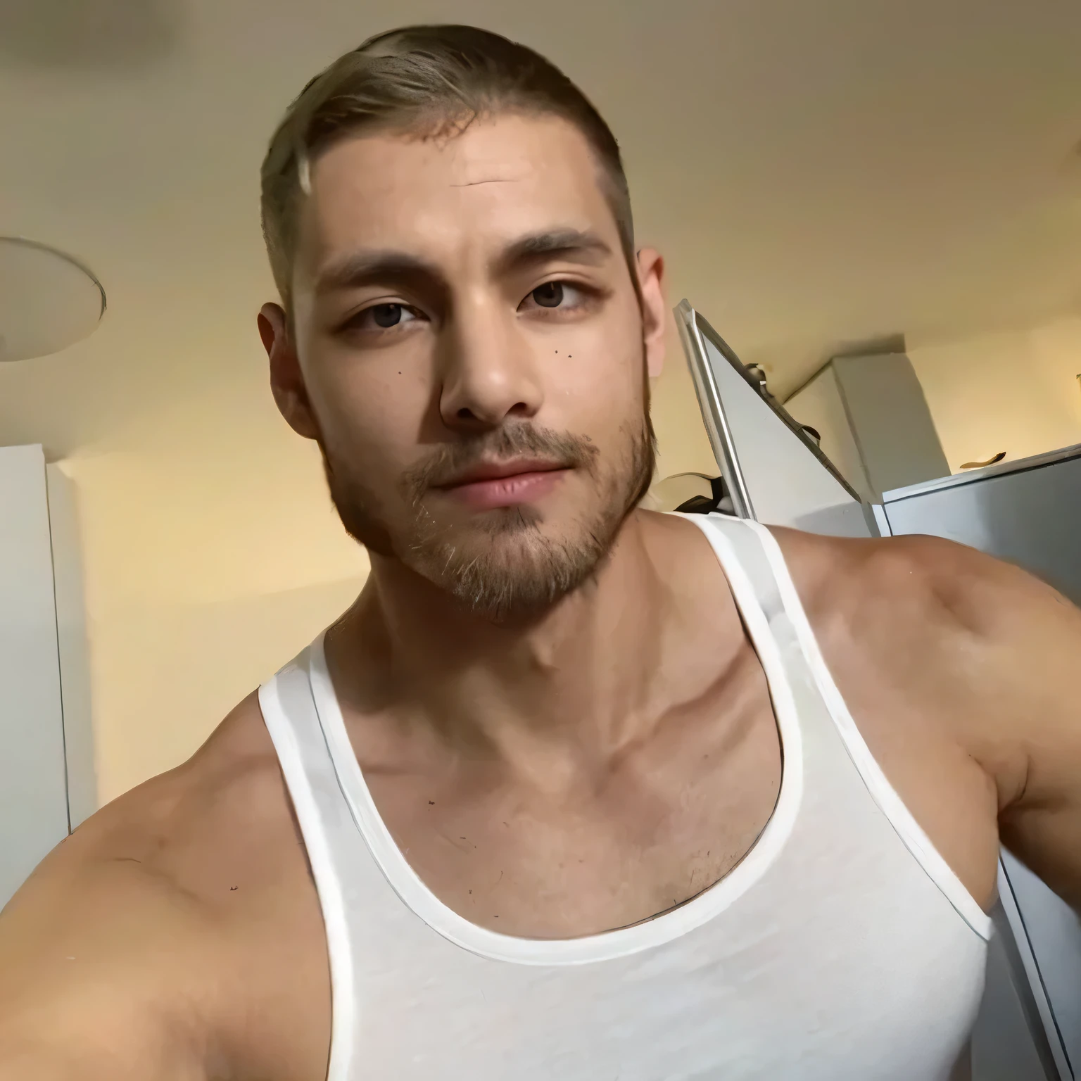 arafed man taking a selfie in a bathroom mirror, shirtless, wearing a low cut tanktop, fit pic, wearing a tanktop, no shirt under the vest, dylan cole, sexy masculine, 2 2 years old, 2 7 years old, wearing tank top, wearing a bandana and chain, christian cline, ripped, 2 3 years old, wearing tanktop