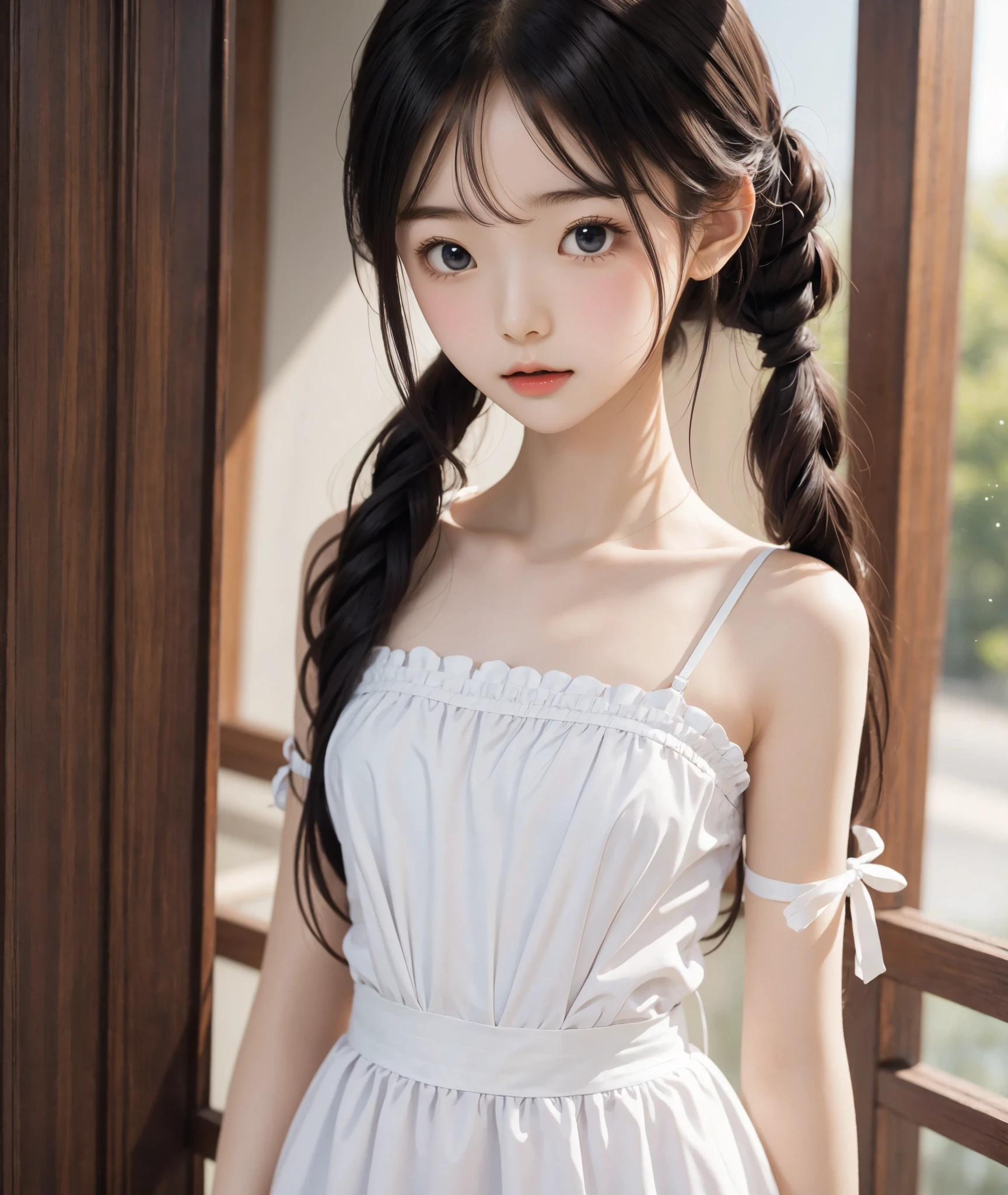 Maid,cute pretty girl,masterpiece,high definition,4k,8k,16k,odango hairstyle,black hair,slender body