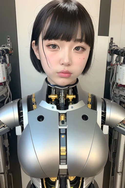 masterpiece, best quality, extremely detailed,portrait,upper body,front view,Japaese android girl,Plump, control panels,android,Droid,Mechanical Hand, Robot arms and legs,Blunt bangs,long tube,thick cable connected her neck,