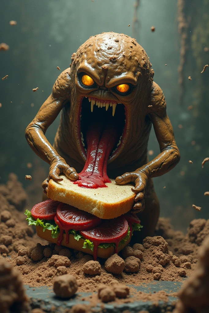 A monster bent down, open your mouth to a huge steaming burger on the ground, fisheye lens, cinematic shot, (masterpiece, best quality, high quality), husk