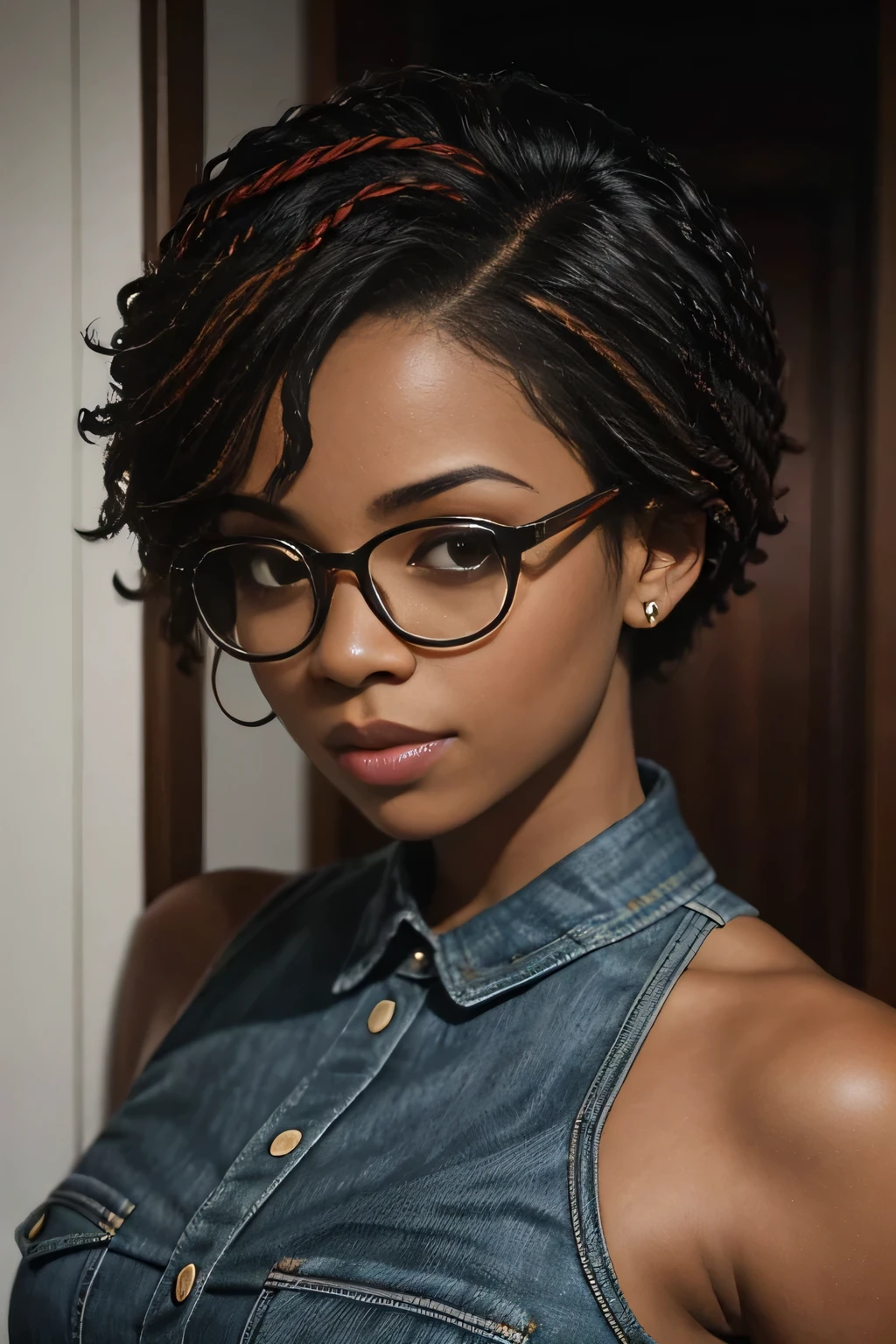 Professional photo from the waist up, beautiful mulatto woman in a police uniform, short black hair, aviator glasses, black short sleeve T-shirt, ((cleavage)), black background, eye contact, looking at the viewer, masterpiece, best quality, perfect detail, perfect detail faces, perfect eye detail, perfect skin detail, depth of field, perfect lighting