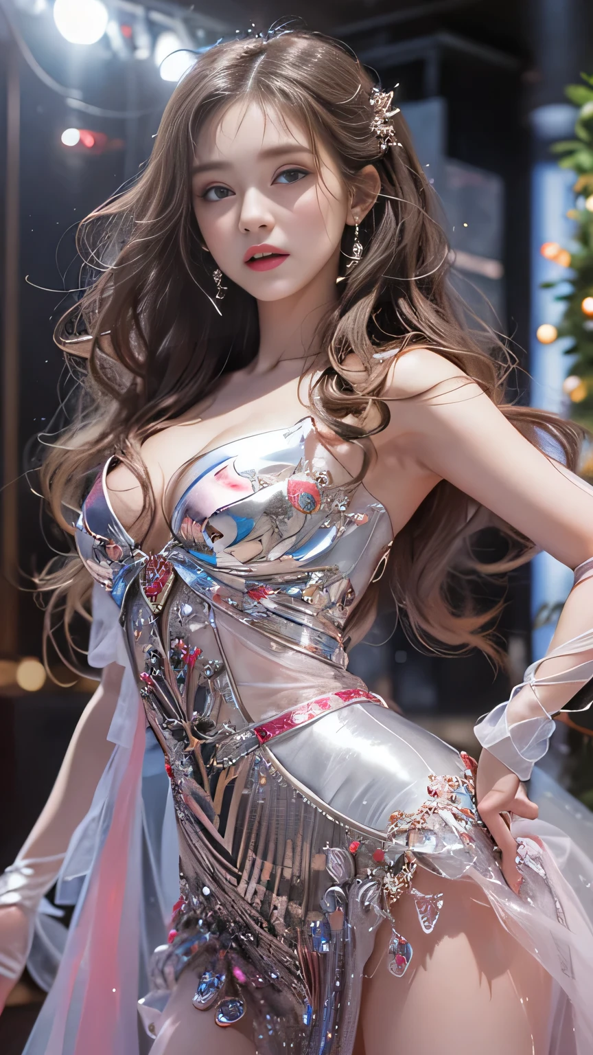 alone、(super beautiful)、(beautiful face:1.5)、japanese space、Clarify the contours of the genitals,with legs spread、white panties、high heels、put on makeup、long wavy brown hair、(Shiny silver short dress)、on stage、(At SFW)