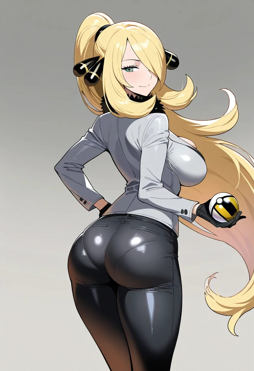 1girl, blonde hair, ass, breasts, long hair, hair over one eye, large breasts, ponytail, grey eyes, hand on own hip, looking back, gloves, hair ornament, pants, cosplay, long sleeves, jacket, pantylines, looking at viewer, poke ball, ultra ball, solo, official alternate costume, holding, pokemon, white background, simple background, cynthia (pokemon), holding poke ball, smile, black gloves, poke ball (basic), black pants, closed mouth, grey jacket, skin tight, taut clothes, tight clothes, tight pants, wind, sfw, masterpiece, best quality, very aesthetic, absurdres