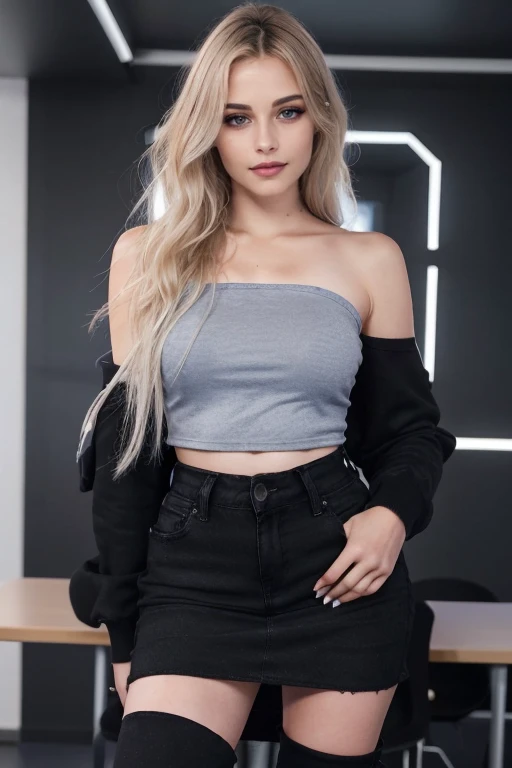 a gorgeous woman, age 18 athletic body type, seducing gaze, blue eyes, goth makeup, dressed in an oversized black hoodie, black jeans,  Caucasian skin, plaid skirt, black fishnet stockings, long straight platinum light blonde hair ((shoulder length)), class room background, facing the camera, looking straight at the camera, flat chest, perky small breasts, standing hands on her waist, perfect eyes, perfect hands, perfect body, perfect hair, perfect breasts, UHD, retina, masterpiece, accurate, anatomically correct, textured skin, super detail, high details, high quality, award winning, best quality, highres, 16k, 8k, (full bodyshot:1.1), (full length photo:1.15),
