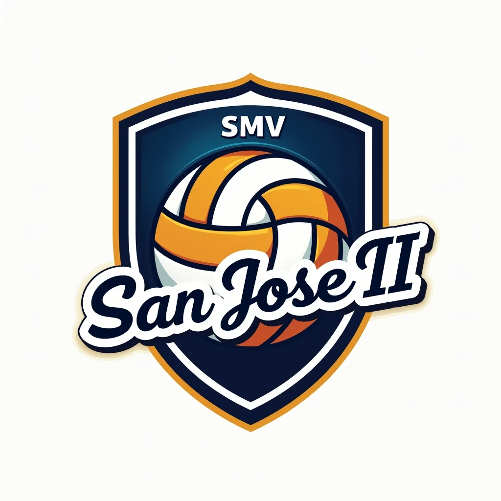 Create a logo of a volleyball academy ,  that the shape of the logo is similar to a shield ,  that in the center of the shield there is a volleyball ball ,  above the ball that says SMV and below the valon that says San José II with cursive letter