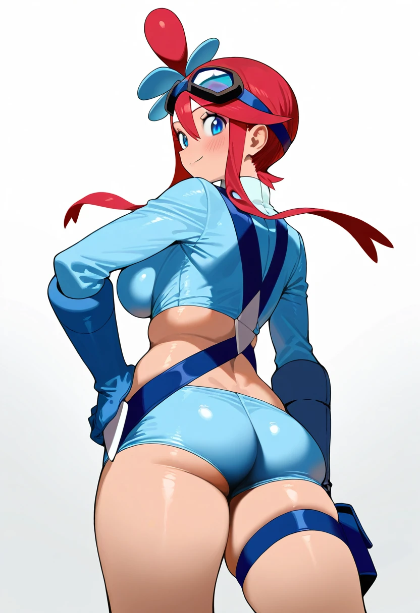 1girl, breasts, blue eyes, ass, red hair, large breasts, hand on own hip, looking back, sidelocks, blush, one side up, thighs, long hair, hair between eyes, shorts, gloves, crop top, short shorts, cropped jacket, hair ornament, goggles, jacket, thigh strap, looking at viewer, standing, solo, midriff, pokemon, white background, simple background, from behind, cowboy shot, skyla (pokemon), smile, blue shorts, blue gloves, thigh pouch, closed mouth, goggles on head, short hair with long locks, blue jacket, weapon, sfw, masterpiece, best quality, very aesthetic, absurdres