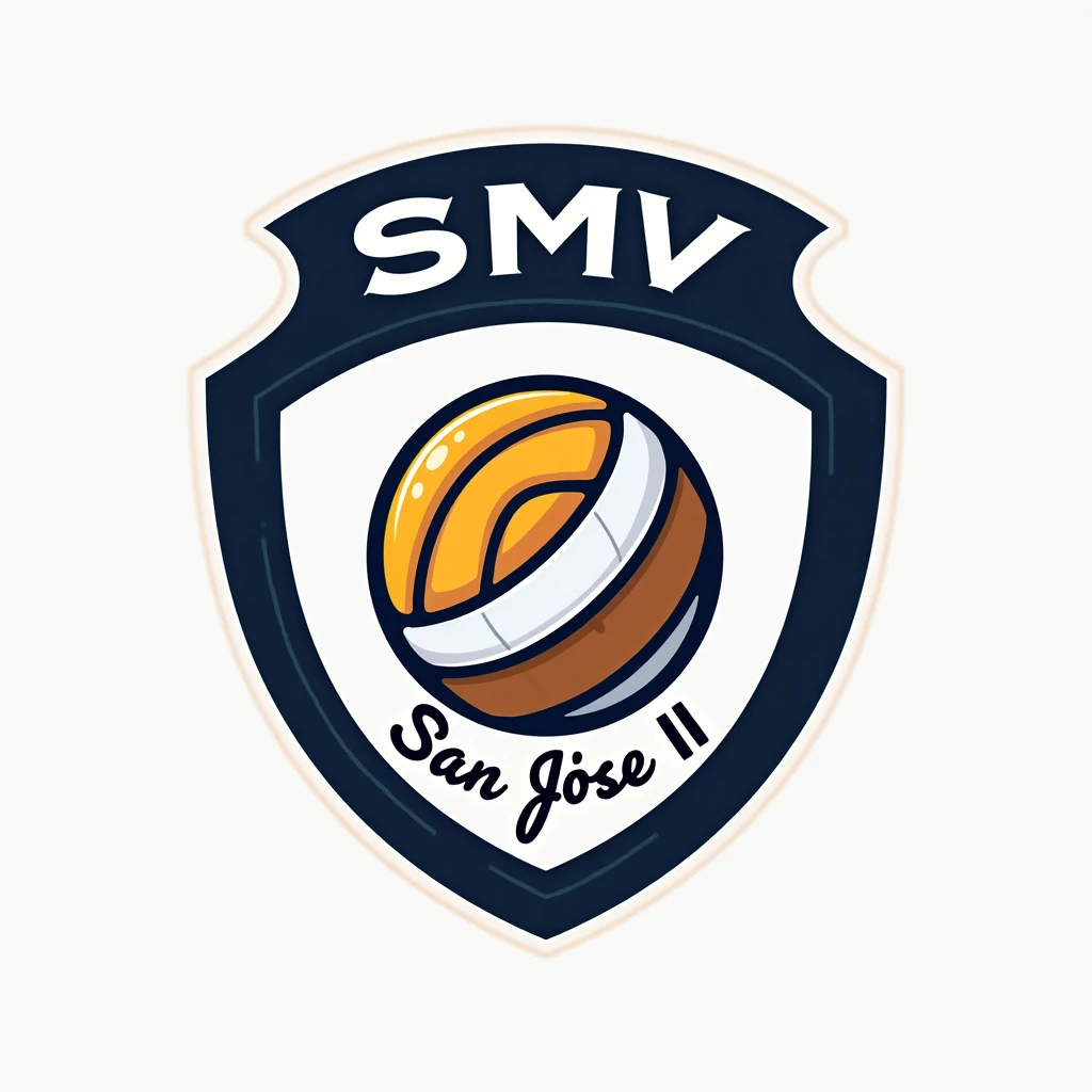 Create a logo of a volleyball academy ,  that the shape of the logo is similar to a shield ,  that in the center of the shield there is a volleyball ball ,  above the ball that says SMV and below the valon that says San José II with cursive letter