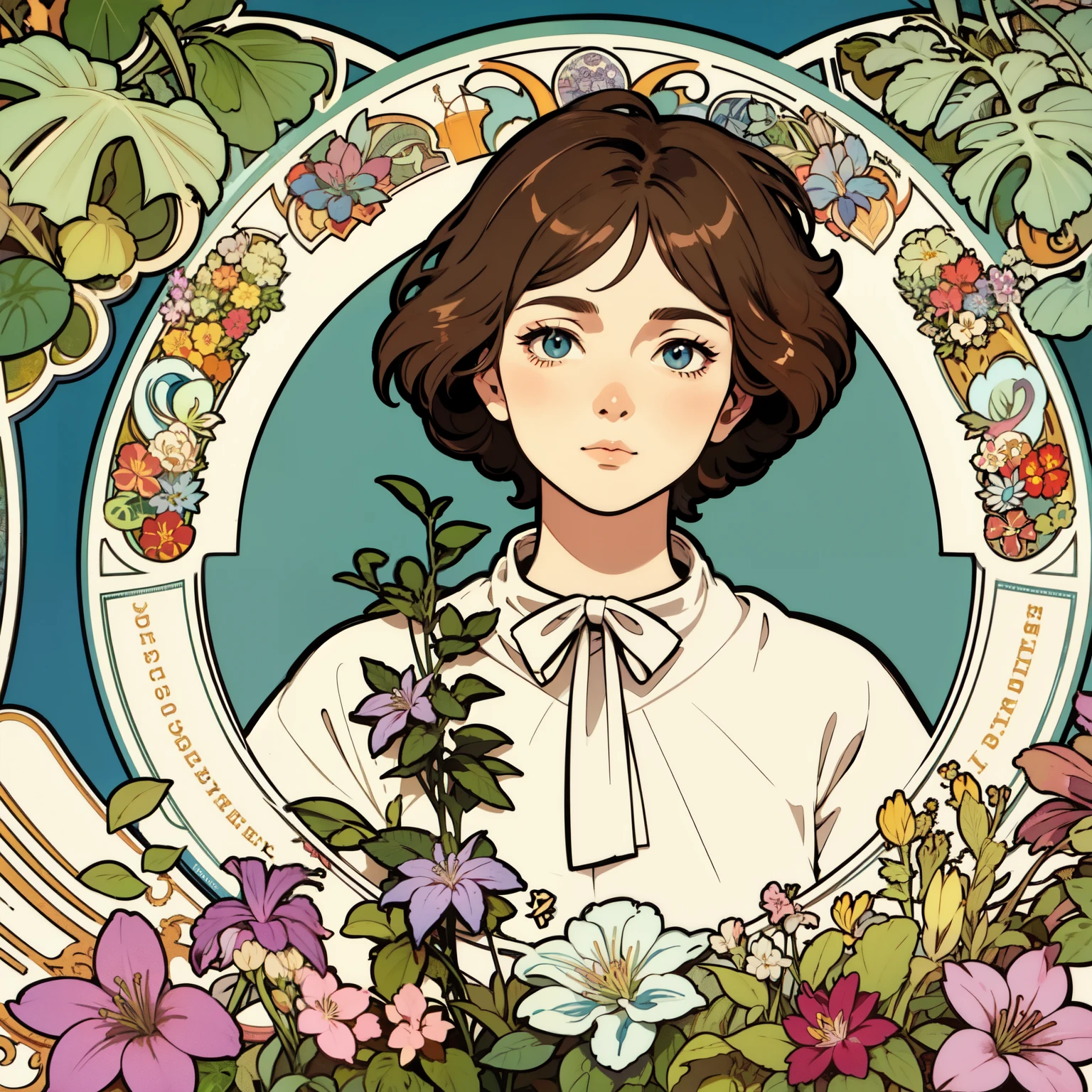 Detailed Background、Mucha style、Art Nouveau、Plants tying up the subject's arms or legs、(White underwear:1.2)、(masterpiece、Highest quality、Highest quality、Detailed and careful line drawings)、Vintage Color、colorful、Anatomically correct、Written boundary depth、Flat Shading、Bokeh、(Toned body, Thick thighs:1.2))、(Showing off your armpits)、Pussy、Camel Toe、Expressive eyes、Perfect Face、Black Hair、Okabo Hair、Resolute、Bold Pose