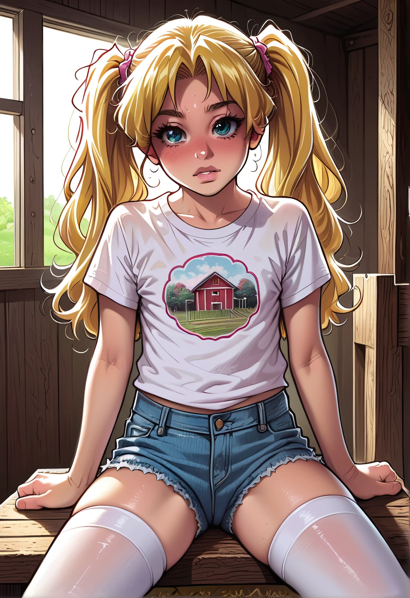 Made by melkor mancin, 1girl, young girl, , sitting on a chair in a farmhouse, short t-shirt, jean shorts, white thigh highs, blushing, ((ultra realistic details)), intricate, highly intricate details, (petite body:1.2), long blonde twin tails hair,