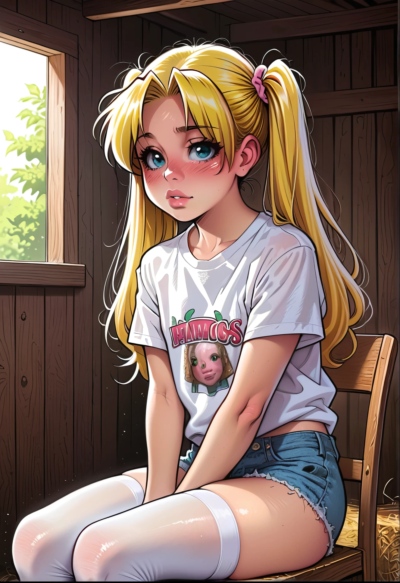 Made by melkor mancin, 1girl, young girl, , sitting on a chair in a farmhouse, short t-shirt, jean shorts, white thigh highs, blushing, ((ultra realistic details)), intricate, highly intricate details, (petite body:1.2), long blonde twin tails hair,