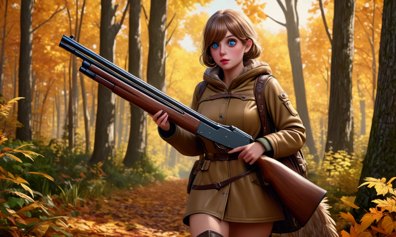 garota loira de cabelo preso, rabo de cavalo, holding a hunting rifle, Looking at the public, metade do corpo