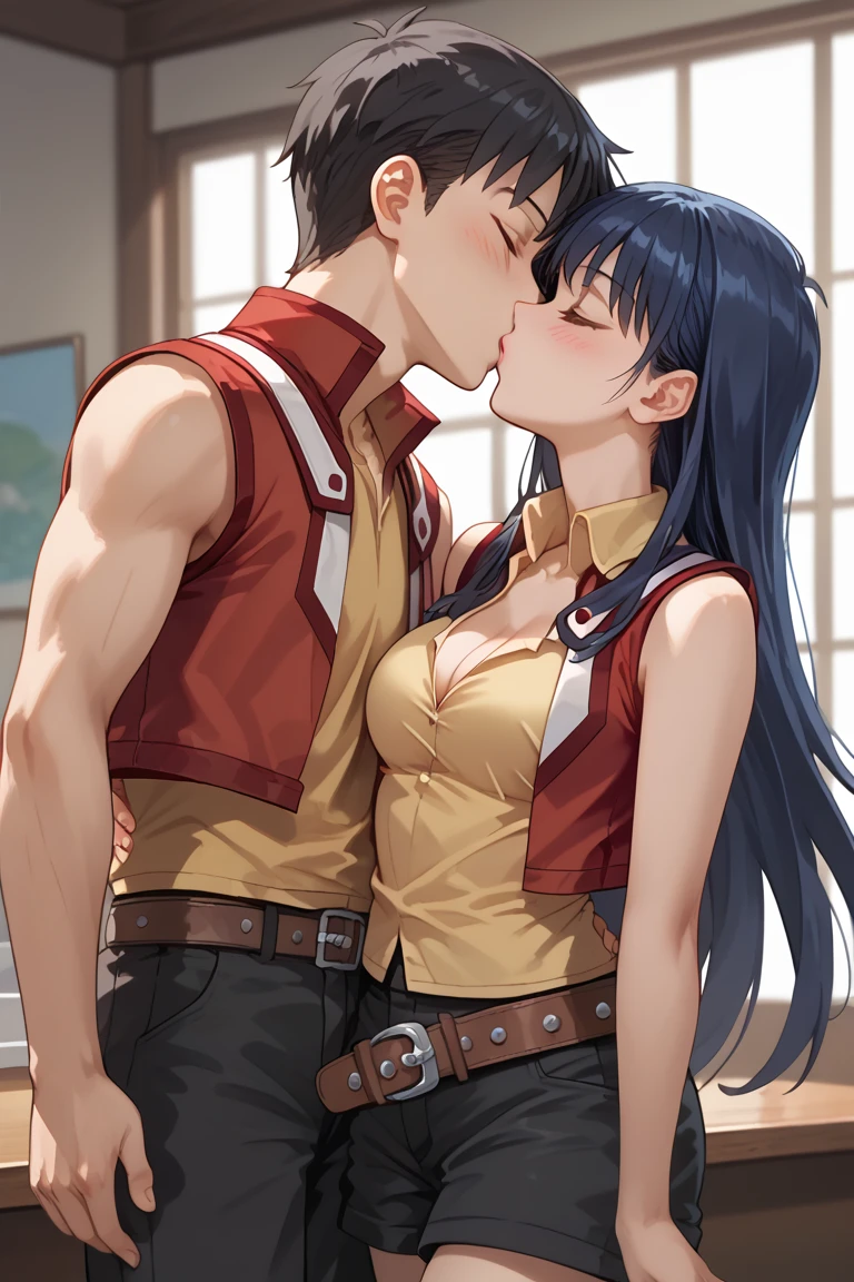 Saotome Rei, anime screencap,
aarei, long hair, blue hair, brown eyes, collared shirt, yellow shirt, red jacket, sleeveless, belt, black shorts, black thighhighs, medium breasts,  cleavage, medium breasts, cleavage, indoor,hotel,cowboy shot, blushing, incoming kiss, closed eyes, colarbone, 1boy, 1girl, kiss, couple, hetero male with black hair